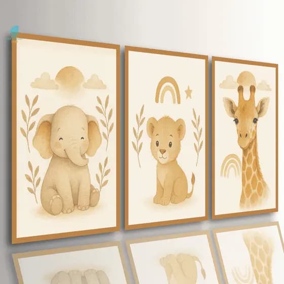 Quadros Decorativos Infantil Trio Safari Bege Bichinhos Fofos Bebê Quarto