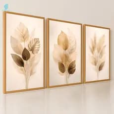 Quadros Decorativos Trio Abstrato Folhagens Bege Marrom Luxo Sala Quarto