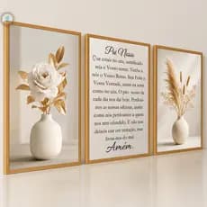 Quadros Decorativos Trio Flor Branca Oração Pai Nosso Bíblico Luxo Sala Quarto