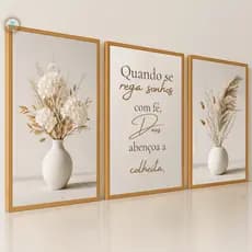 Quadros Decorativos Trio Vasos Flores Brancas Fé Bíblico Moderno 3D Sala Quarto