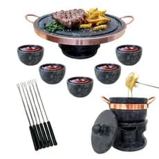 Fondue 23cm Pedra Sabão + Fondue 500ml + 5 Cumbucas de molho 60ml + 6 Garfinhos Arte Nativa