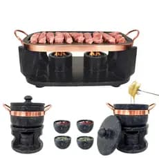 Churrasqueira CHAPA RETA Fondue de Pedra Sabão 32x20 + 2 Fondue 800ml + 4 Tigelas
