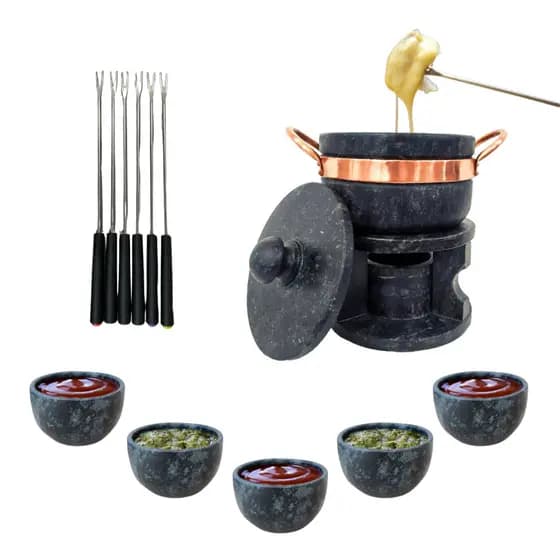 Fondue 500ml pedra sabão + 5 Cumbucas para molho 60ml + 6 Garfinhos