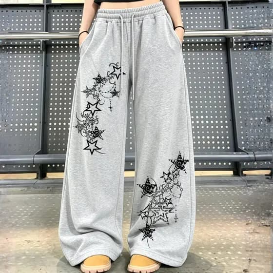 Calça Moletom Wide Leg Feminina Y2K Cyber Grunge Estrelas Pantalona Moletom Confortável Larga Inverno Tendência