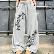 Calça Moletom Wide Leg Feminina Y2K Cyber Grunge Estrelas Pantalona Moletom Confortável Larga Inverno Tendência