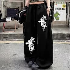 Calça Baggy Wide Leg Preta Estampa Cruz e Estrelas Y2K Streetwear