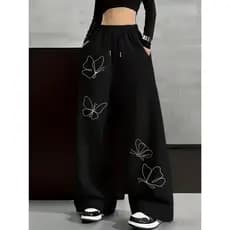 Calça Moletom Wide Leg Feminina Estampa Borboleta Y2K Estética Gringa