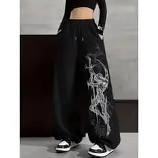 Calça Wide Leg Preta Feminina Estampa Gótica Streetwear Y2K