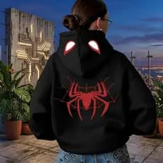 Moletom Casual Feminino com Capuz, Estampa de Aranha Flanelado Teia Olhinhos