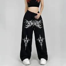 Calça Baggy Moletom Preta Estampa Tribal Y2K Cyberpunk Estilo Gringo