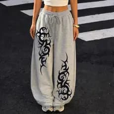 Calça Wide Leg Baggy Moletom Feminina Cyber Grunge Tribal Streetwear Forrada