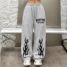 Calça Moletom Wide Leg Feminina Streetwear Y2K Estampa Chamas Grunge Boston