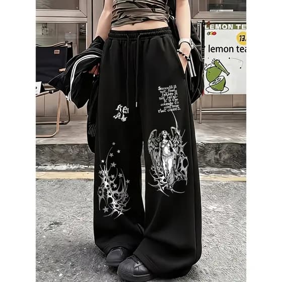 Calça Moletom Wide Leg Feminina Streetwear Y2K Estampa Anjo