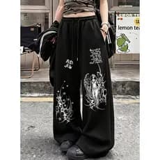 Calça Moletom Wide Leg Feminina Streetwear Y2K Estampa Anjo