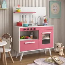 Cozinha Infantil de Madeira Zoe Rosa e Branco com Pia, Forno e Acessórios Faz de Conta Montessori - Rosa
