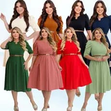 VESTIDO MIDI EM MALHA RODADO 4 BOTÕES E CINTO; MODA EVANGELICA MODA CRISTÃ CONGRESSO CULTO PLUS SIZE