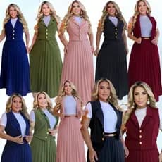 CONJUNTO: COLETE, SAIA LONGA PLISSADA, CINTO E CAMISETA  MODA EVANGELICA MODA CRISTÃ CONGRESSO CULTO