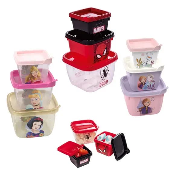 Kit 3 Potes Lancheira Passeio Papinha Homem Aranha, Princesas e Frozen Plasútil