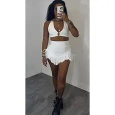 Conjunto Feminino Saia Soltinha Babado Cropped Argola Moda Bogueira
