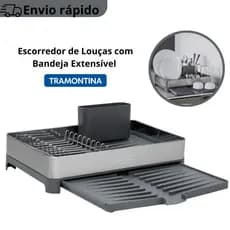 Escorredor de Louças Compacto Aço Inox com Bandeja Coletora Extensível com Escoamento para Cozinhas Modernas Tramontina
