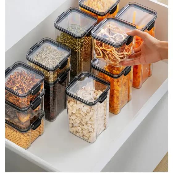 Pote Hermético com Trava Kit 8 Empilhável para Alimentos e Mantimentos de Cozinha Dispensa Potes Herméticos em Acrílico