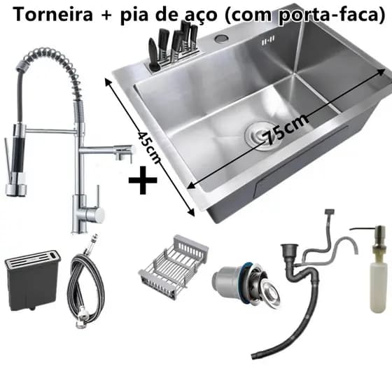 75x45cm 60x45cm Cuba Inox Escovado Quadrada Gourmet Com Acessórios Pias Torneiras de Água