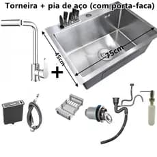 Cuba Aço Inoxidável 304 Pia Cozinha Gourmet Quadrada Escovada 75x45cm/60x45cm Com Acessórios Completa Luxo