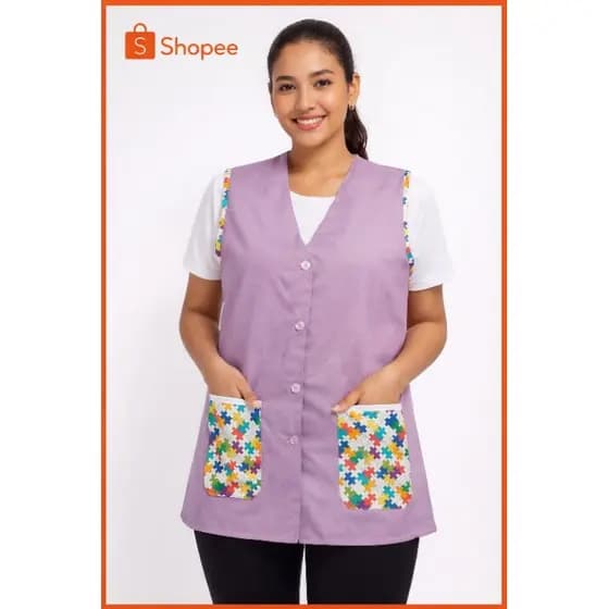 Avental Jaleco Colete Uniforme Personalizado Autismo Professora com Bolso sem Manga