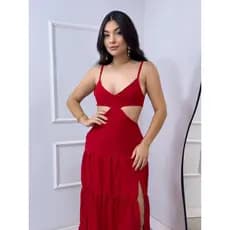 Vestido Feminino Longo de Alças Ajustáveis e Fenda Lateral Festas ou Dia