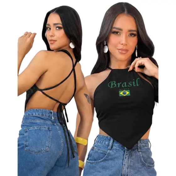 Cropped Brasil Core Blusa Patriota Top Costas Nua Frente Unica Vermelho Povo Brasileiro