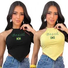 Kit Croppeds Brasil Core Blusa Lenço Frente Unica Patriota