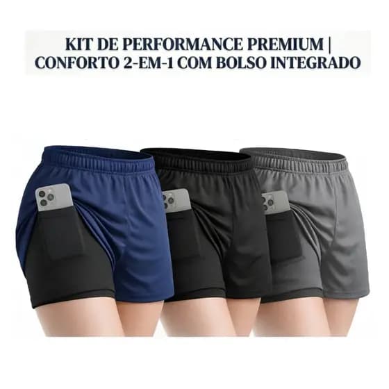 Kit 3 Shorts Feminino 2 em 1 Compressão Academia Corrida Fitness