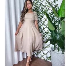 Vestido Feminino Mídi  Duna Linho com Laço na Manga Elástico na Cintura - Moda Elegante Festa
