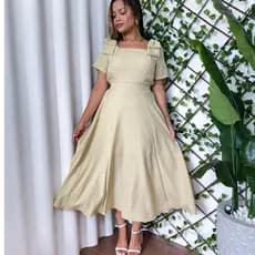 Vestido Feminino Mídi  em Duna Linho com Laço na Manga Elástico na Cintura - Moda Elegante Festa