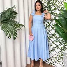Vestido Em Duna Linho Feminino  Com Laço No Ombro E Elastex Nas Costas