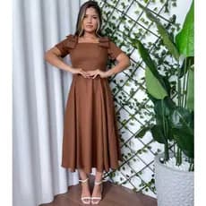 Vestido Midi Feminino com Laço na Manga e Elastex nas Costas (Duna Linho) - Moda Festa Elegante