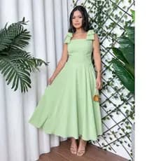 Vestido Feminino Longo em Duna  Linho com Laço no Ombro e Elastex -  Moda Casual 2025