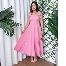 Vestido Feminino Longo Bege Claro em Duna Linho com Laço no Ombro e Elastex -  Moda Casual 2025