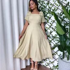 Vestido Feminino Mídi  Duna Linho com Laço na Manga Elástico na Cintura  Com Bojo E Forrado