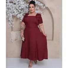 Vestido Plus size Feminino Midi Laço No Ombro Lastex Costas  Luxo Evangélica  Duna  Linho