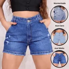 Bermuda Meia Coxa Boyfriend Feminina Cintura Alta Jeans 100% Algodão Vintage Marmorizada Destroyed
