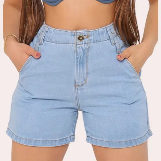 Bermuda Jeans Boyfriend Feminina Meia Coxa Cintura Alta Estilo Blogueira com Bolsos Faca 100% Algodão