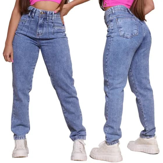 Calça Mom Boyfrend 100% Luxo Feminina Empina Bumbum Cintura Alta Cós Alto Pinças Modeladora