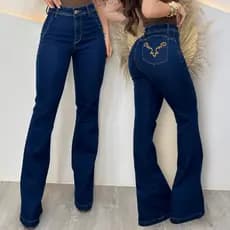 Calça Fler femenina Cintura Alta Confortável Bolso Faca Elastano e Bordados No Bolso Barra Boca De Sino Country