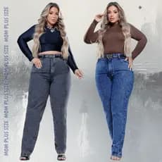 Kit 2 Calças Mom Plus Size Jeans 100% Algodão Estilo Retro Vintage Luxo Cintura Alta Lipo Varias Lavagens