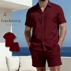 Conjunto Masculino Camisa Botão e Shorts Mauricinho Crepinho P M G GG