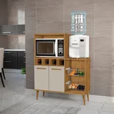 Armário Balcão Fruteira Multiuso para Cozinha 2 Portas Nichos Cestos Microondas Bebedouro Mini Adega