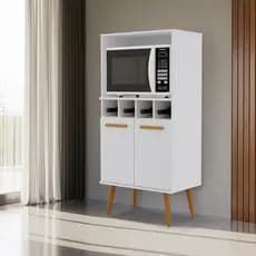 Gabinete Armário Multiuso para Cozinha Balcão 2 Portas Micro-ondas Mini Adega 4 Garrafas Pés Madeira