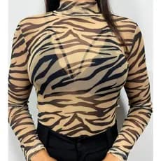 Blusa Manga Longa Com Gola Alta em Tecido Tule Preta Com Estampa Varejo Roupas Femininas