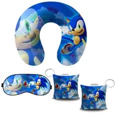 Almofada de Pescoço Tapa Olho e Chaveiro Sonic Presente Lembrancinha